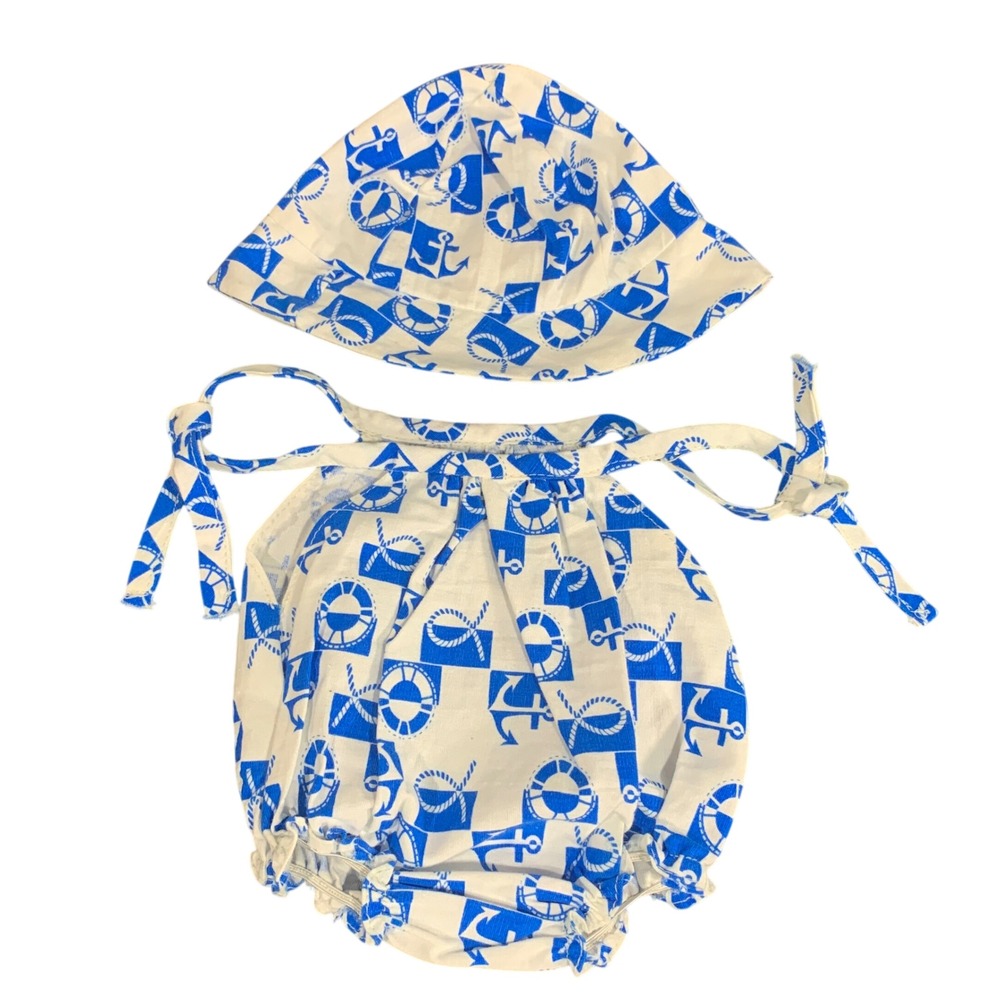 VTG My Friend Doll Nautical Anchor Romper and Hat Set‎ Blue White Summer Outfit